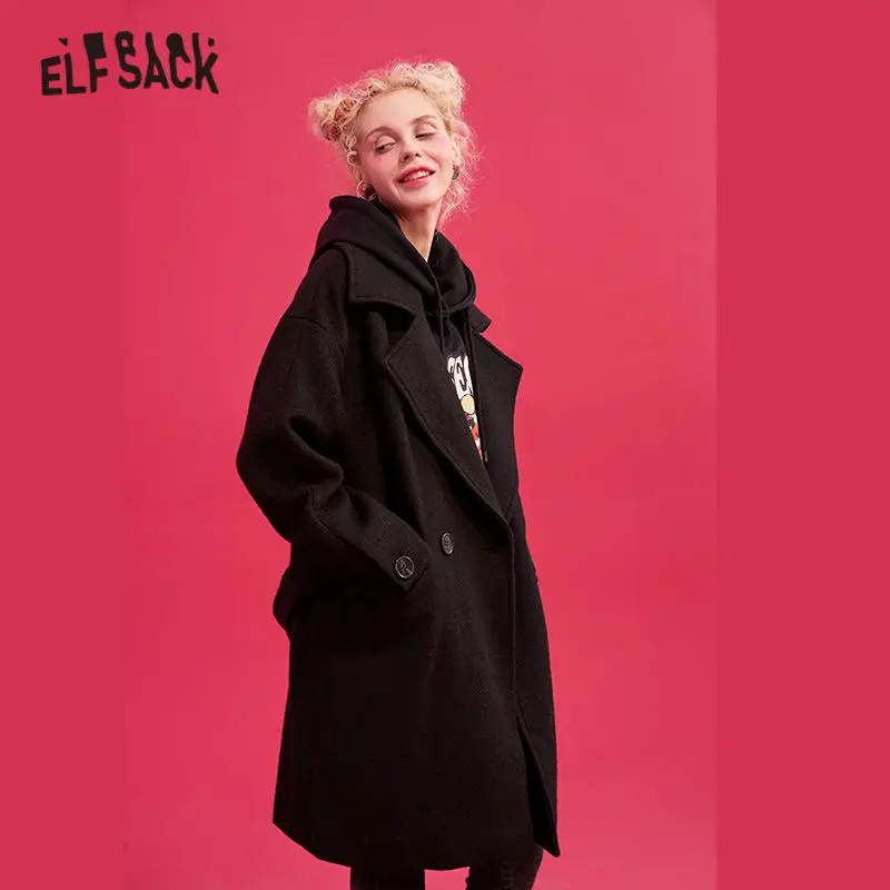 ELFSACK, черные, одноцветные, прямые, двубортные, шерстяные пальто для женщин, зима, пояс сзади, длинный рукав, повседневная женская теплая верхняя одежда