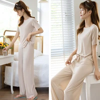 short sleeve trousers pajamas womens solid color suit loose ice silk home clothes lady nightgown female sleepwear sleeping wear