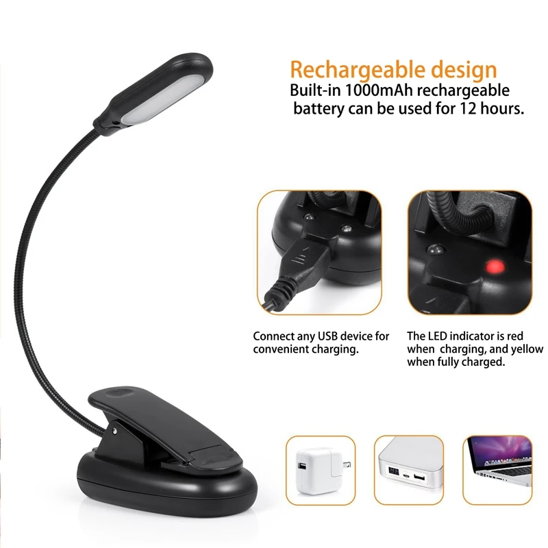 

5 LED Book Light,USB 3 Brightness Levels Clip Reading Light,,Flexible Clip on Book Light for Reading