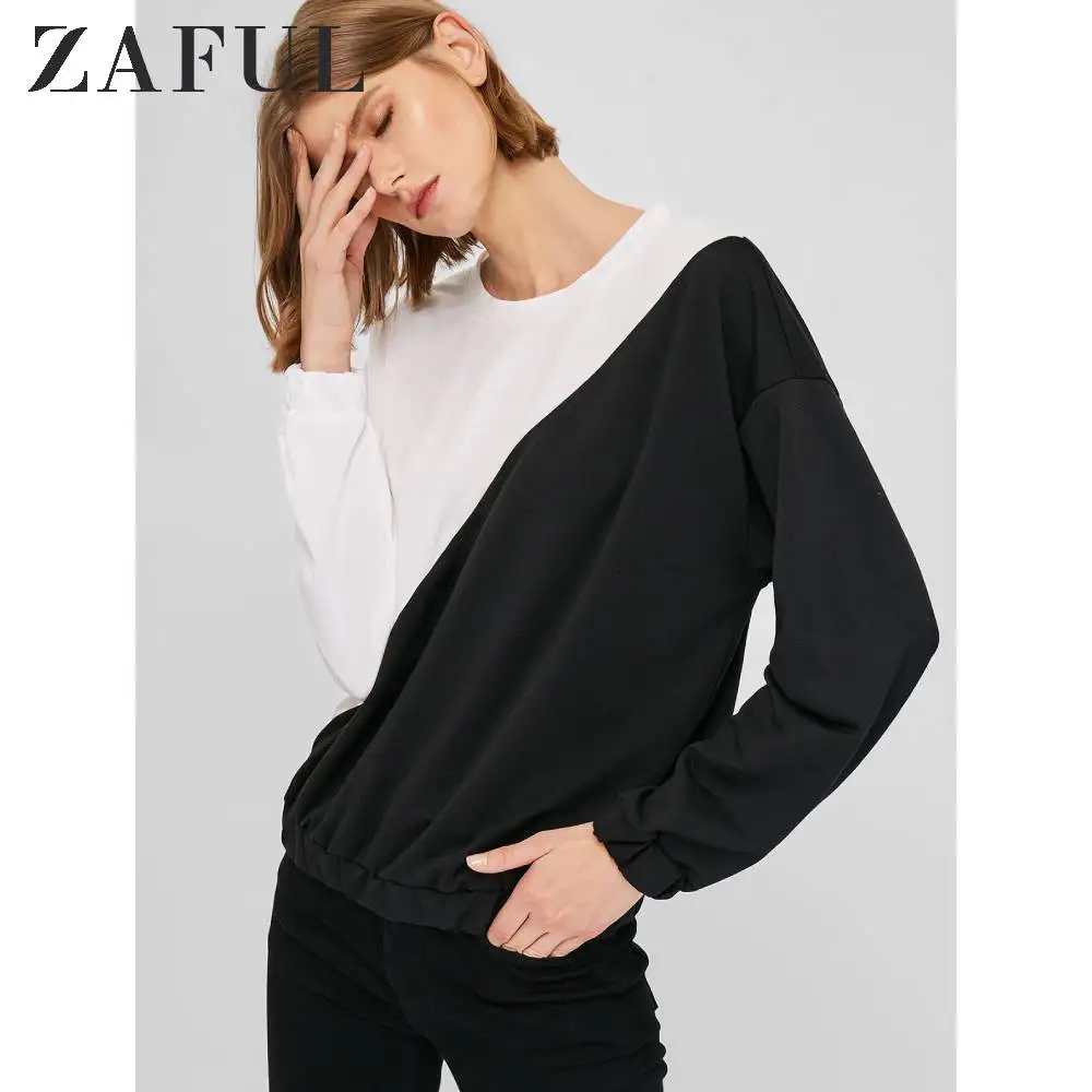 ZAFUL One Size Drop Color Block Sweatshirt Two-Tone Design Elastic Cuffs Edgy Touch Contrasting Sports Pullover Tops Fashion2019 | Женская