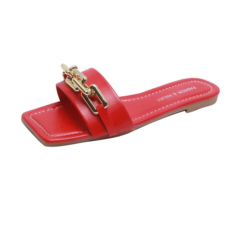 

Shoes Slippers Soft Rivet Slipers Women Square Toe Slides Low Comfort 2021 Flat Metal Decoration Basic Casual Rubber Hoof Heels