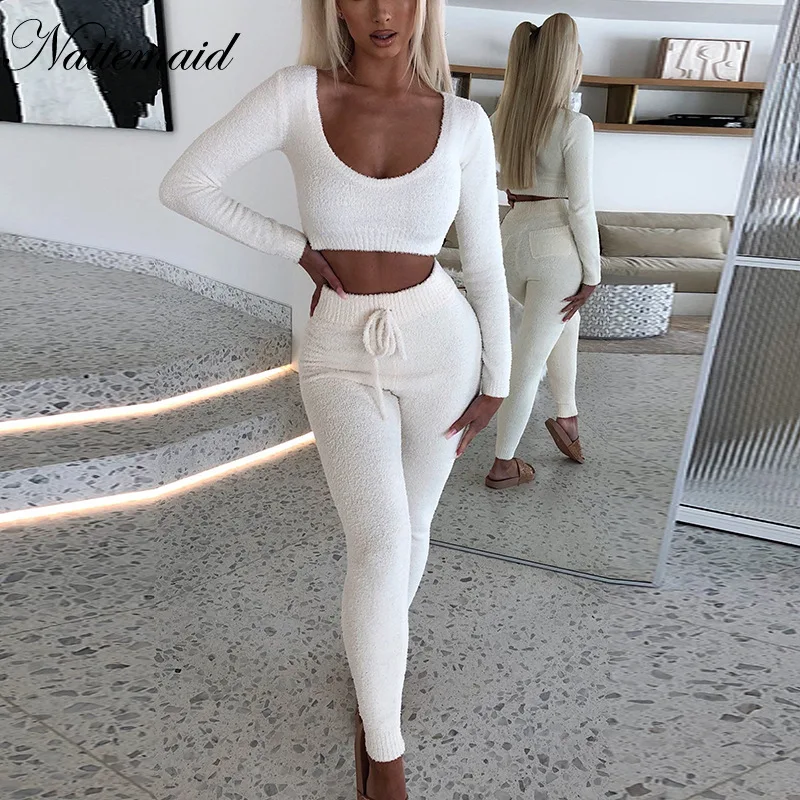 Осенний белый однотонный повседневный комплект Nattemaid из двух предметов женский