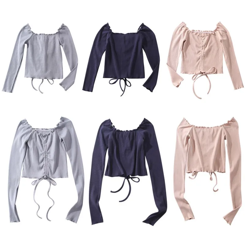 

Fashion Slash Neck Ladies T-shirts Autumn Drawstring T-shirt Long Sleeve Female Tops