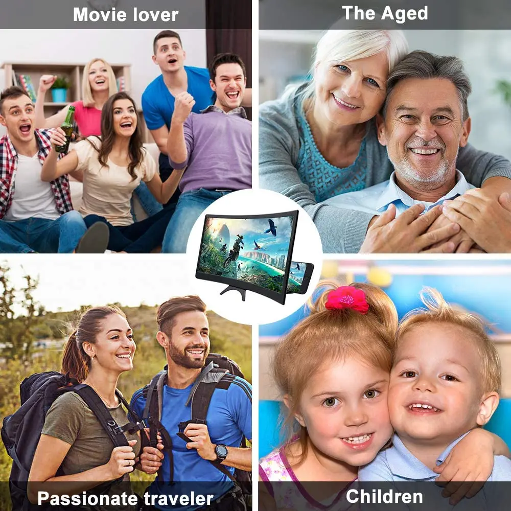 

CASEIER 12inch Curved Screen Amplifier HD 3D Video Mobile Phone Magnifying Glass Stand Bracket Phone Foldable Holder Projector