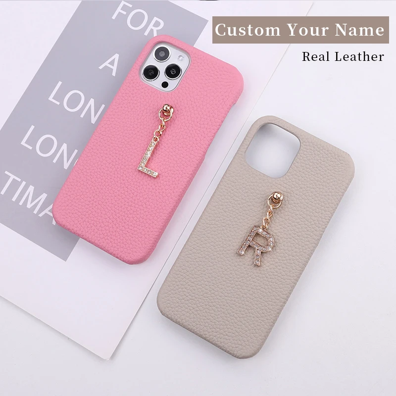 

Custom Name Real Leather Cowhide Phone Shell Case For iPhone 11 12 Pro Mini Max X XR XS 7 8Plus Pendant Metal Letters Cover