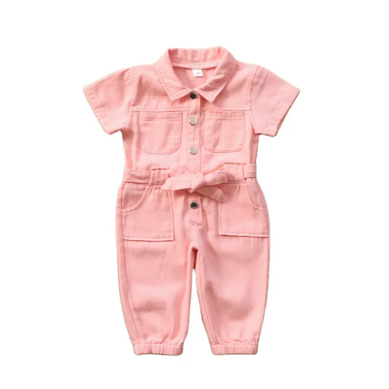 

2021 New Style Children's Jumpsuit Girls Single Breasted Jumpsuit Lapel Jumpsuit Pink Bow Girls Clothes