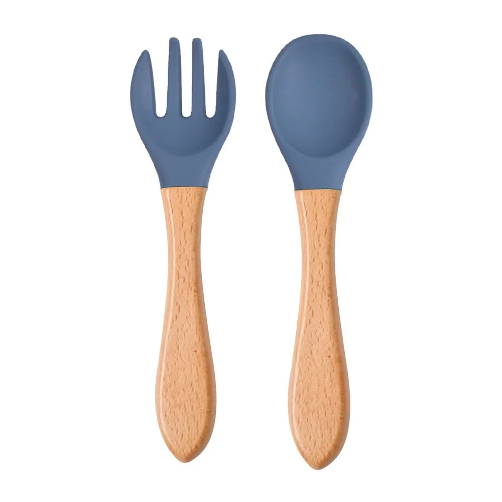 

2pcs Baby Soft Silicone Spoon Candy Color Safety Baby Learning Wood Fork Non-Slip Spoon Children Kids Boy Girl Food Feeding Tool