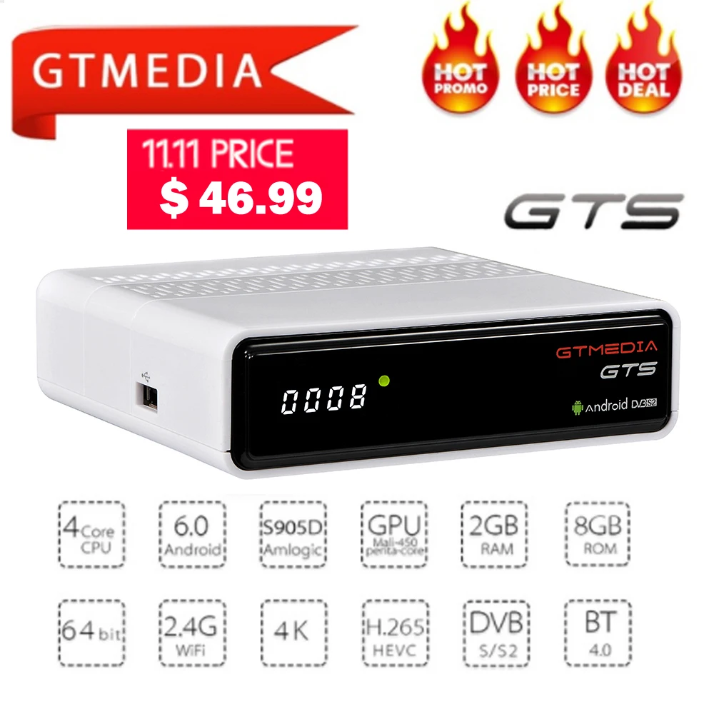 Freesat GTmedia GTS Android 6,0 4K Smart tv BOX Amlogic S905D комбинированный DVB-S2 спутниковый ресивер 2G/8GB BT4.0 телеприставка cccam m3u