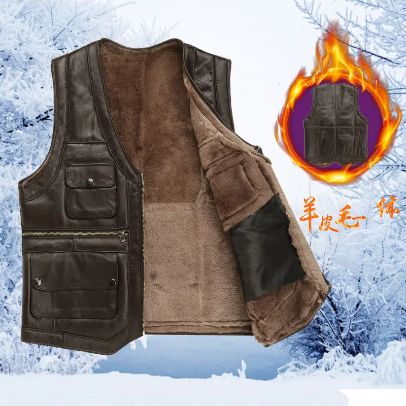 2021 Men's Leather Vest Full-Grain Sheepskin Autumn and Winter Multi-Pocket Casual Fur Integrated Warm | Мужская одежда