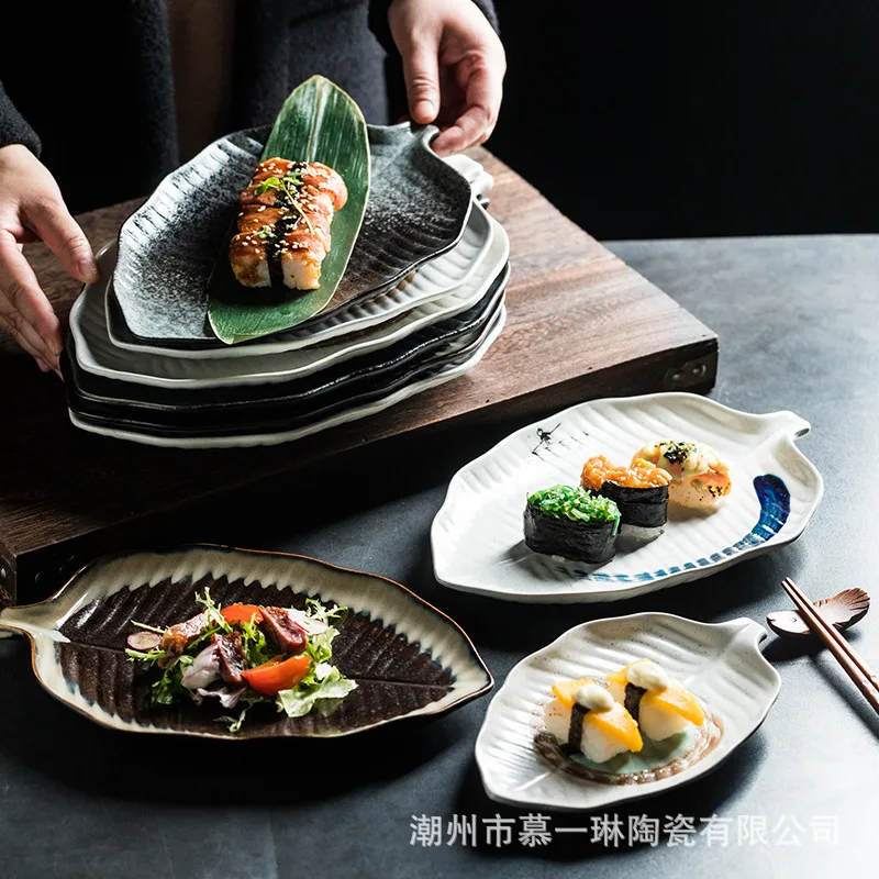 

Hand-painted leaves, tableware, ceramic plates, simple sushi plates, breakfast plates, western dishes, jiaozi plates