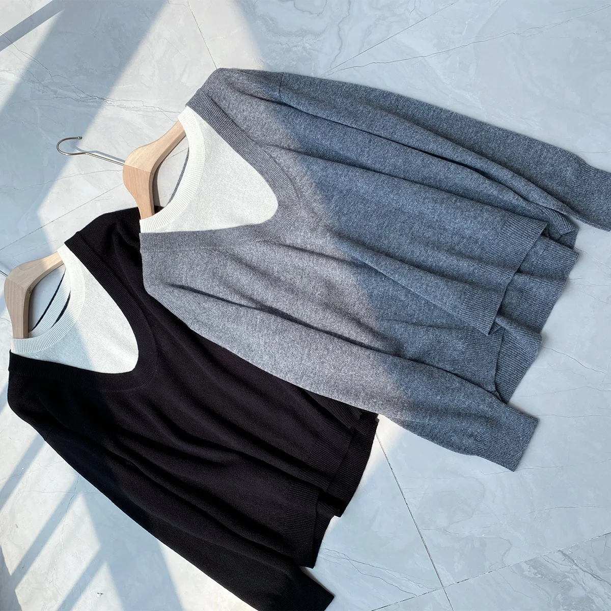 

Women Sweater 2021 New Fake Two-piece Double-layer Collar Contrast Profile Cashmere Sweater Women Loose Lazy Autumn and Winter