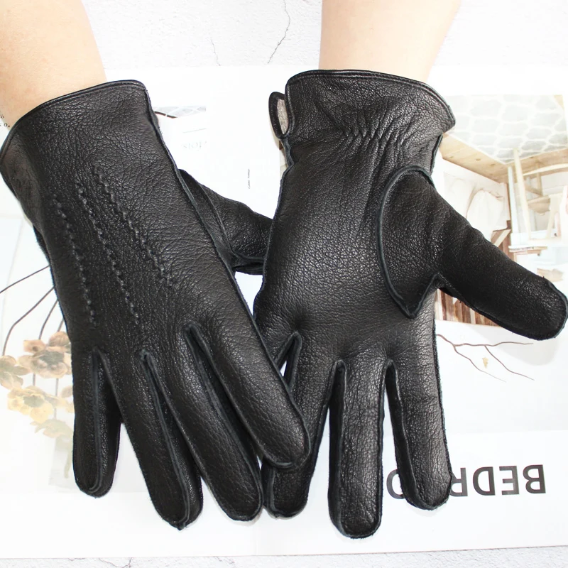 New deerskin gloves men's  leather outer stitched striped retro motorcycle riding driving autumn and winter wool knitted lining