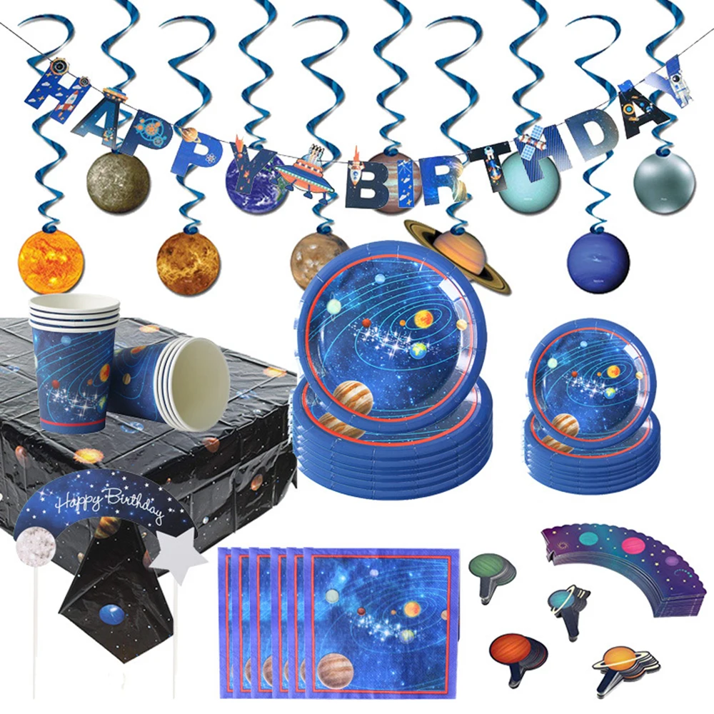 

8 Guests Cool Space Planet Astronaut Birthday Baby Shower Party Disposable Tableware Plates Happy Birthday Party Decorations