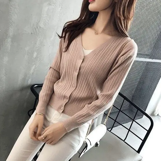 

girl summer autumn knitted jacket thin cardigan full sleeve knitted blouse V neck