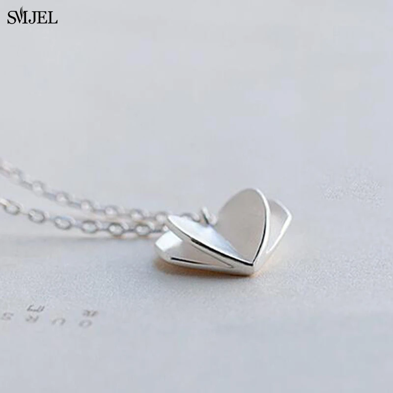 

New Fashion Double Love Heart Pendant Necklace for Women Minimalist Origami Heart Necklaces Silver Color Jewelry Collier Gifts
