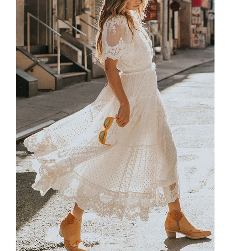 Женское длинное платье в горошек Ordifree винтажное белое кружевное пляжное