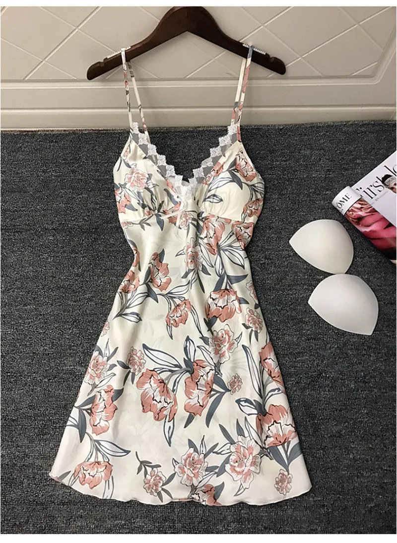 

Sleeveless Sleep Dress Leaves Printing Night Nighties for Women Underwear Lingerie Sling Lace Embroidery V-Neck Sexy Nightdress