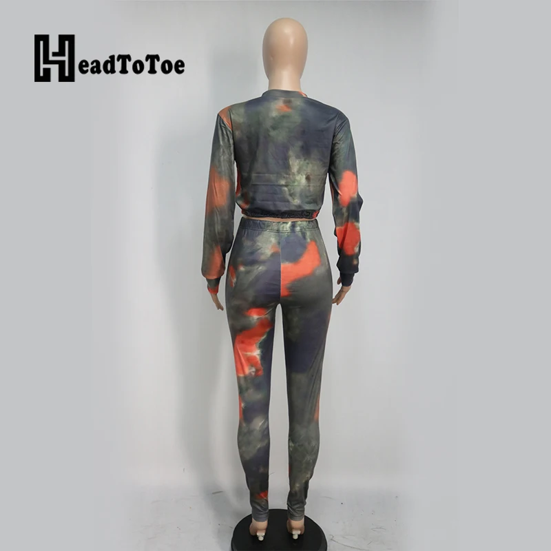 

Tie Dye Print Drawstring Pleated Streetwear Two Piece Outfits Woman Full Sleeve Round Neck Slim 2 Piece Set Women