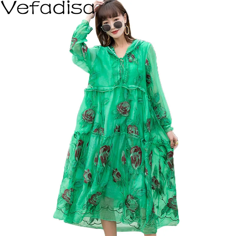 

Vefadisa Green Embroidery Long Dress Women 2021 Spring Summer Hooded Floral Print Dress Pullover Long Sleeve Dress QYF5117
