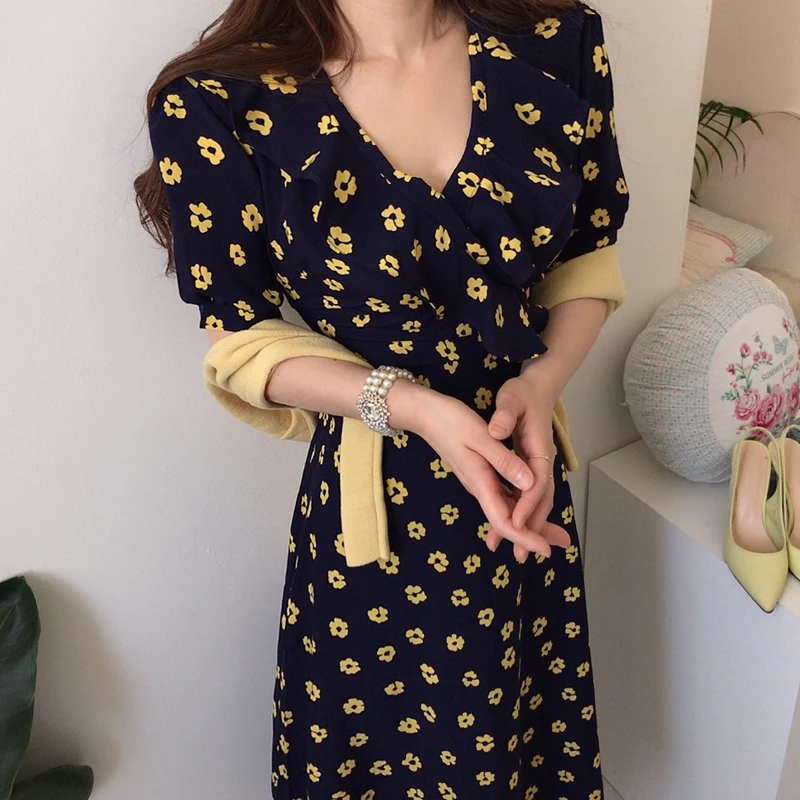 

Chic Summer Women Lace Up Floral Dress V-Neck Slim Elegant Midi Runway Puff Sleeve Vestido