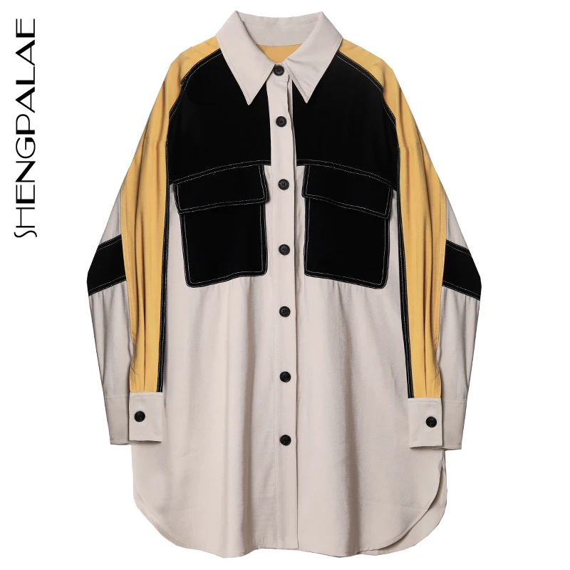 

SHENGPALAE 2021 Fashion Women Shirt Female Tops Long Sleeve Casual Turn-down Collar Women's Loose Hit Color Splice Blouse ZA5705