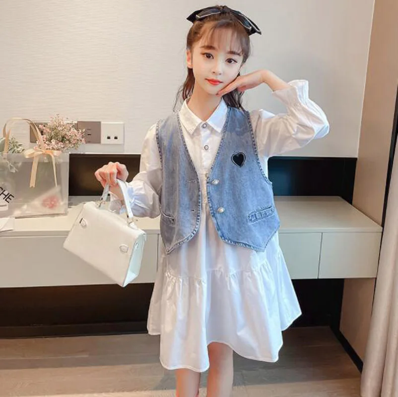 

Cultiseed Girls Cute Sweet Turn Down Collar Pleated Long Sleeve Shirts Dress With Love Jeans Vest Children Students Holiday Gown