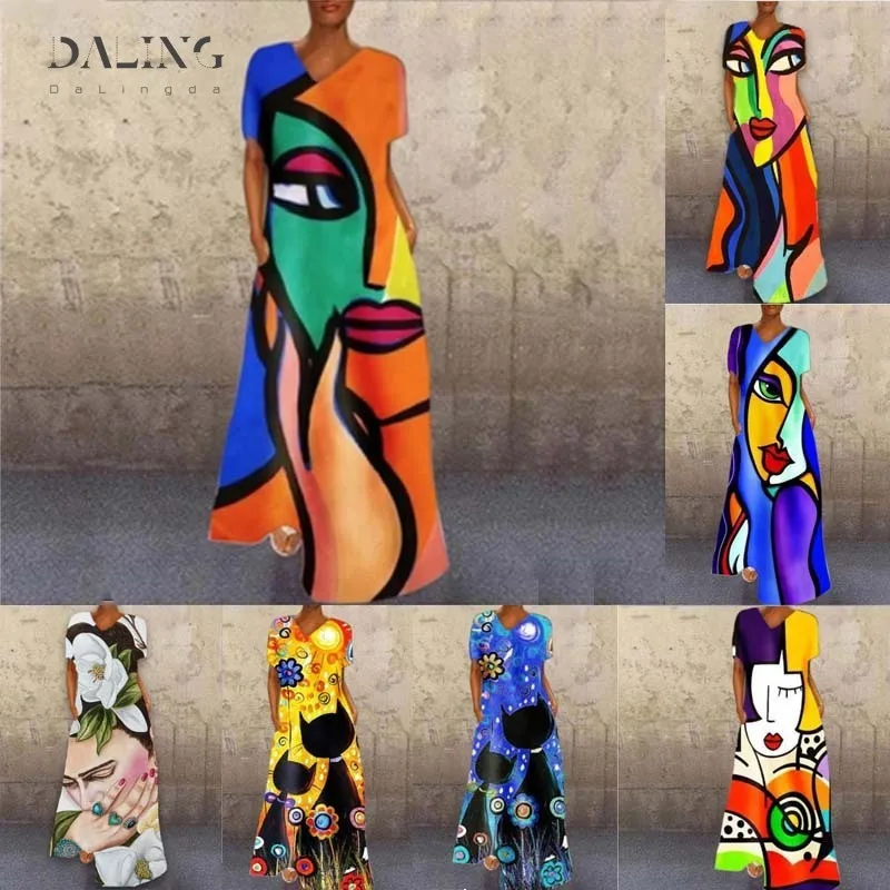 

Graphic Print Long Dress Women Casual Loose Maxi Party Dresses For Women Long Sleeve V Neck Harajuku Ladies Dress Vestido 2021