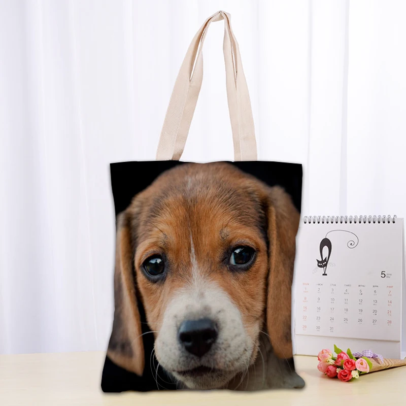 

Custom Beagle Dog Tote Bag Women Canvas Fabric Bags Eco Reusable Shopping Bags Traveling Beach Casual Useful Shoulder Bag 1208