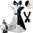 2021 Хэллоуин Мода фильм зла мадам Круэлла де Виль косплей костюм детский наряд черно-белый горничная вечернее платье плащ перчатки парик