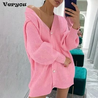 casual v neck single breasted sweater woman lantern sleeve pearl button solid loose cardigan2021 new fashion womens jacket