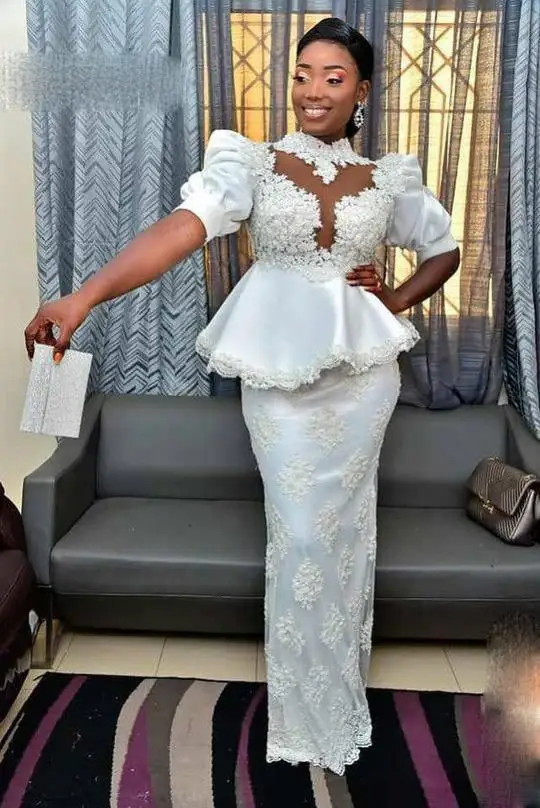 

African High Neck Mermaid Prom Desses 2020 With Peplumn Short Sleeve Full Length Lace Evening Dresses Formal Wear Elegant