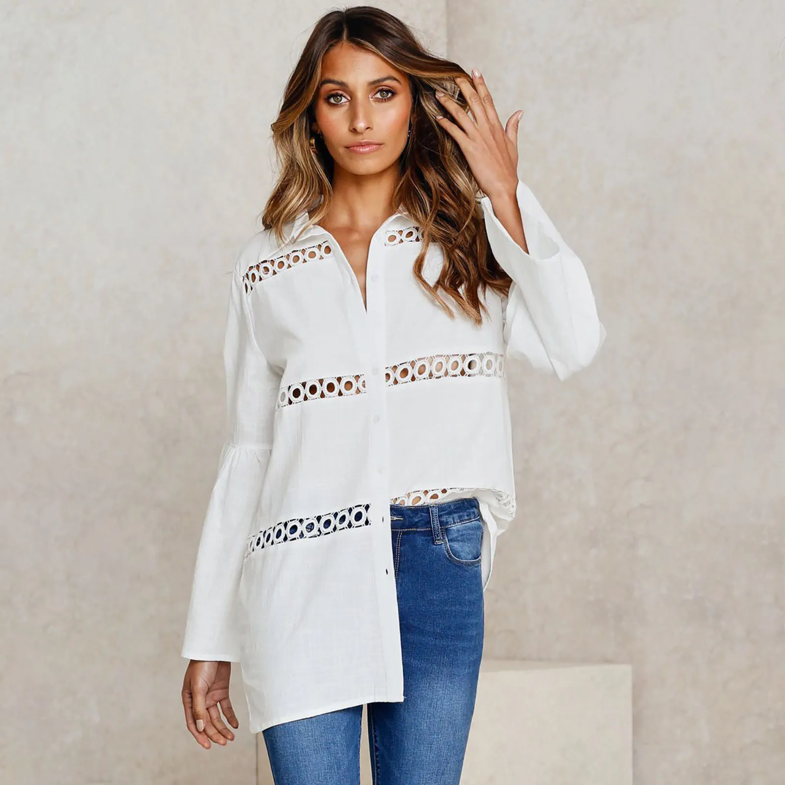 

Fashion Women Shirts And Blouses 2020 Casual Exquisite Hollow Striped Long-sleeved Loose Shirt Women Top Loose Blouses