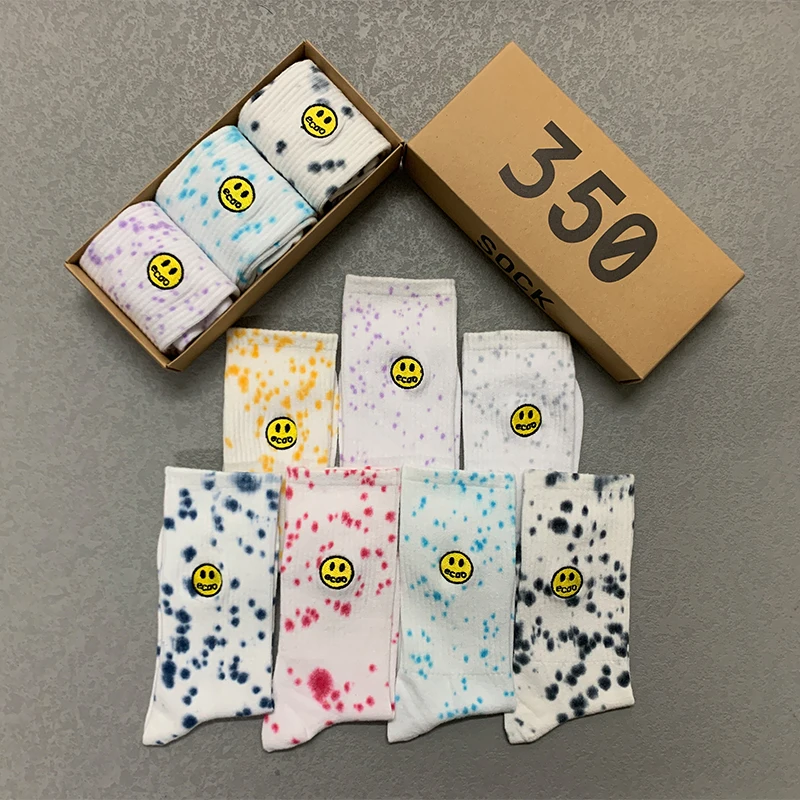 3 Pairs/Box Tie-dye Smile Face Embroidery Stockings Cotton Harajuku Dot Fashion Hip Hop Skateboard Gifts Men Women Long Socks