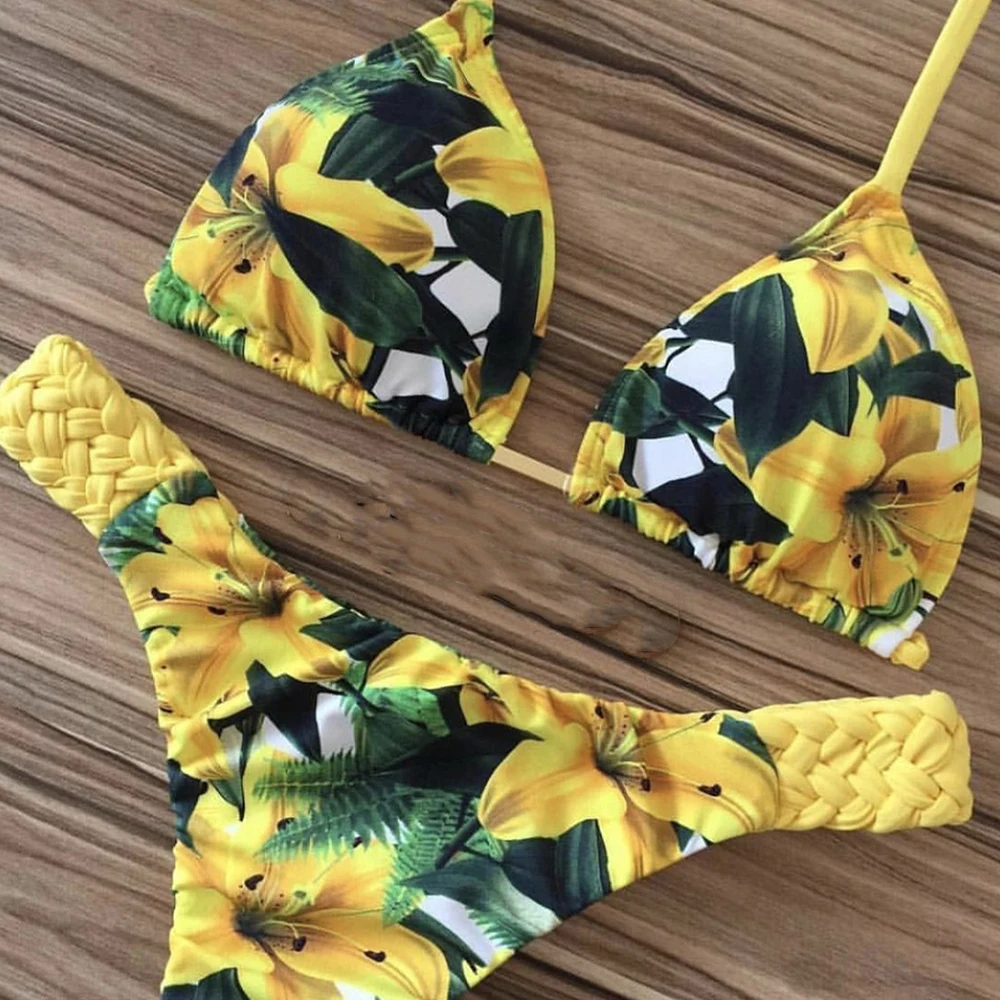 

Sexy Floral Print Bikini 2019 Fashion Summer bathers Bathing Suit Bandage Swimsuit Women Halter Bikini Set Two-piece Suit New