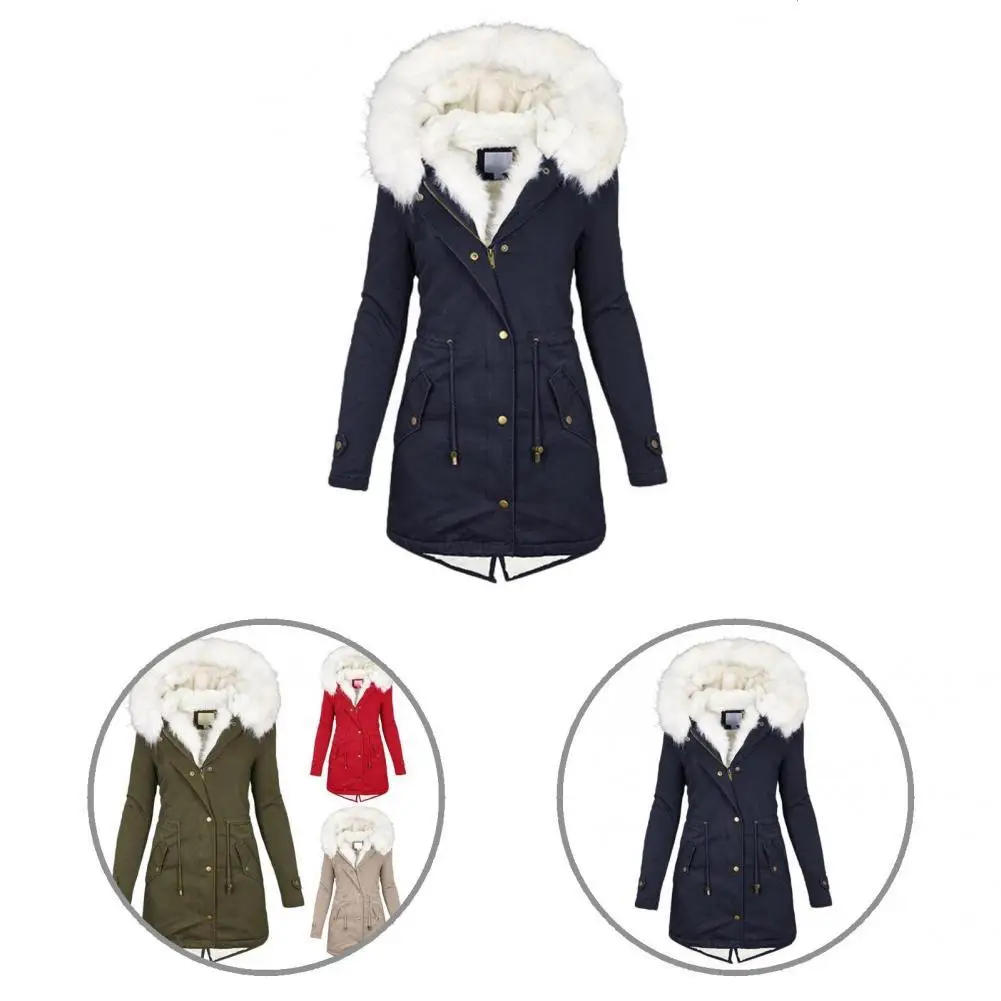

Jacket Coat Zipper Buttons Closure Trendy Thickened Plush Hooded Fleece Lined Cotton Coat