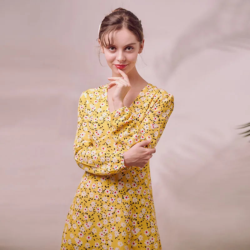 Женское платье с цветочным принтом Bella philosophy желтое винтажное длинным рукавом