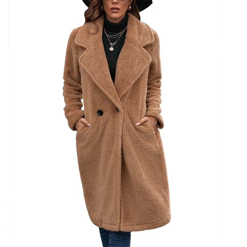 

Hirigin 2021 Winter Women Fuzzy Fleece Coat Adults Warm Loose Solid Color Long Sleeve Lapel Outerwear with Pockets Streetwear