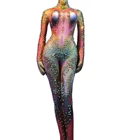 pink rhinestones pearl pattern printing tights jumpsuit backless rompers personality performance costume ladies dance show wear