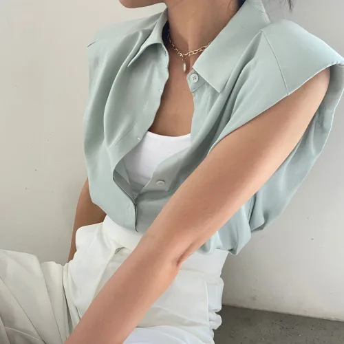 

CHEERART Shoulder Pad Sleeveless Button Up Shirt For Women Fashion 2021 Summer Top And Blouses Green Blue Ladies Top Clothing