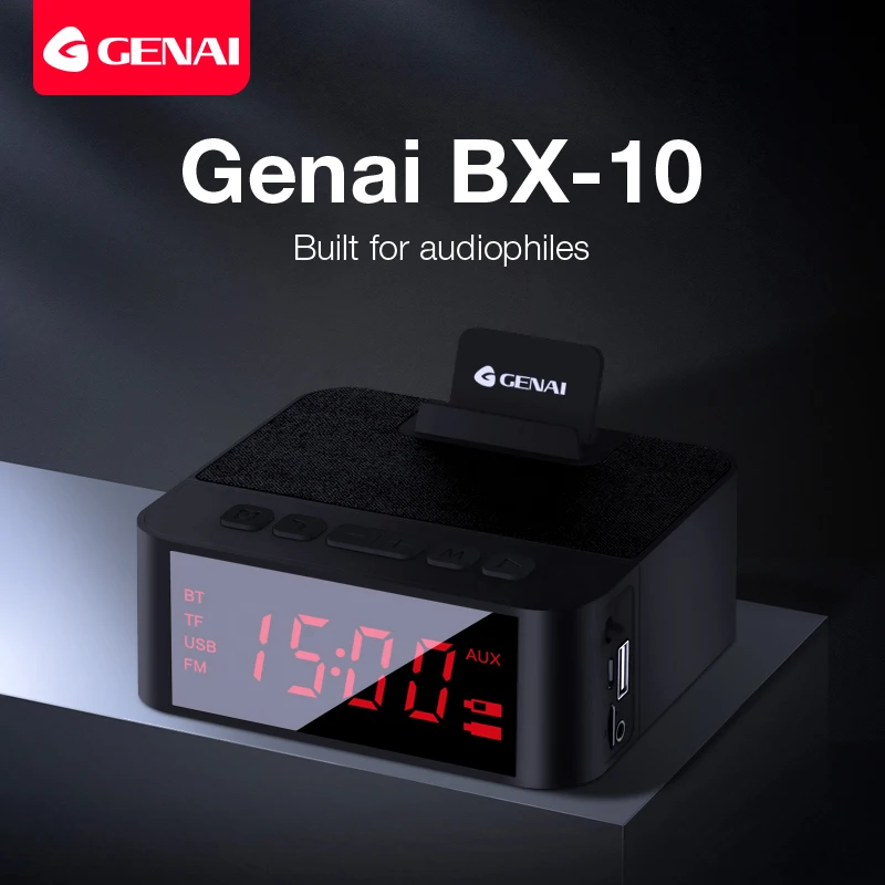 

Genai Bluetooth Speaker Box Stereo Receiver Portable Wireless Speakers LED Alarm Clock with Built in Mic FM Radio Micro SD Card