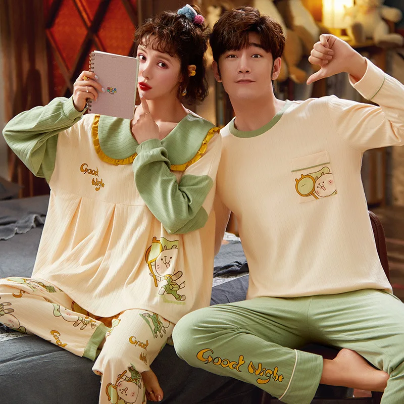 

Couple Pajamas Set Spring And Autumn 100% Cotton Cartoon Cute Women Pyjamas Plus Size Long Sleeve Sleepwear Men Lounge Pijama