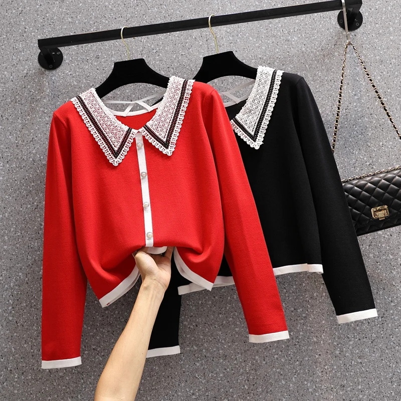 

Black Red Lace Sweet Plus Large Size Oversize Korean Style Fashion Pullovers For Autumn Women'S Clothing Ladies Sweaters 2021