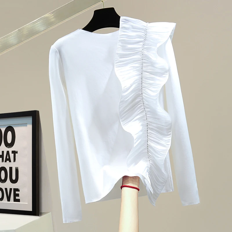 

Female Long-Sleeved T-shirt 2021 Autumn Solid Color Casual Elastic Outerwear Tshirt Women Diamonds Ruffled White T Shirt Femme