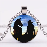 cowgirl horse photo cabochon glass chain necklacecharm creative women pendants fashion jewelry accessoryfriend gifts