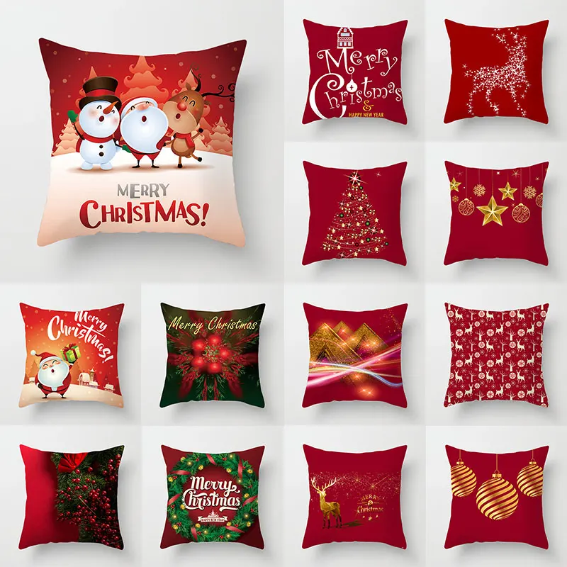 

Holiday Christmas Red Pillow Case Elk Reindeer Santa Claus Decorative Pillow Cover Letter Printed Linen Throw Pillows 45*45 cm