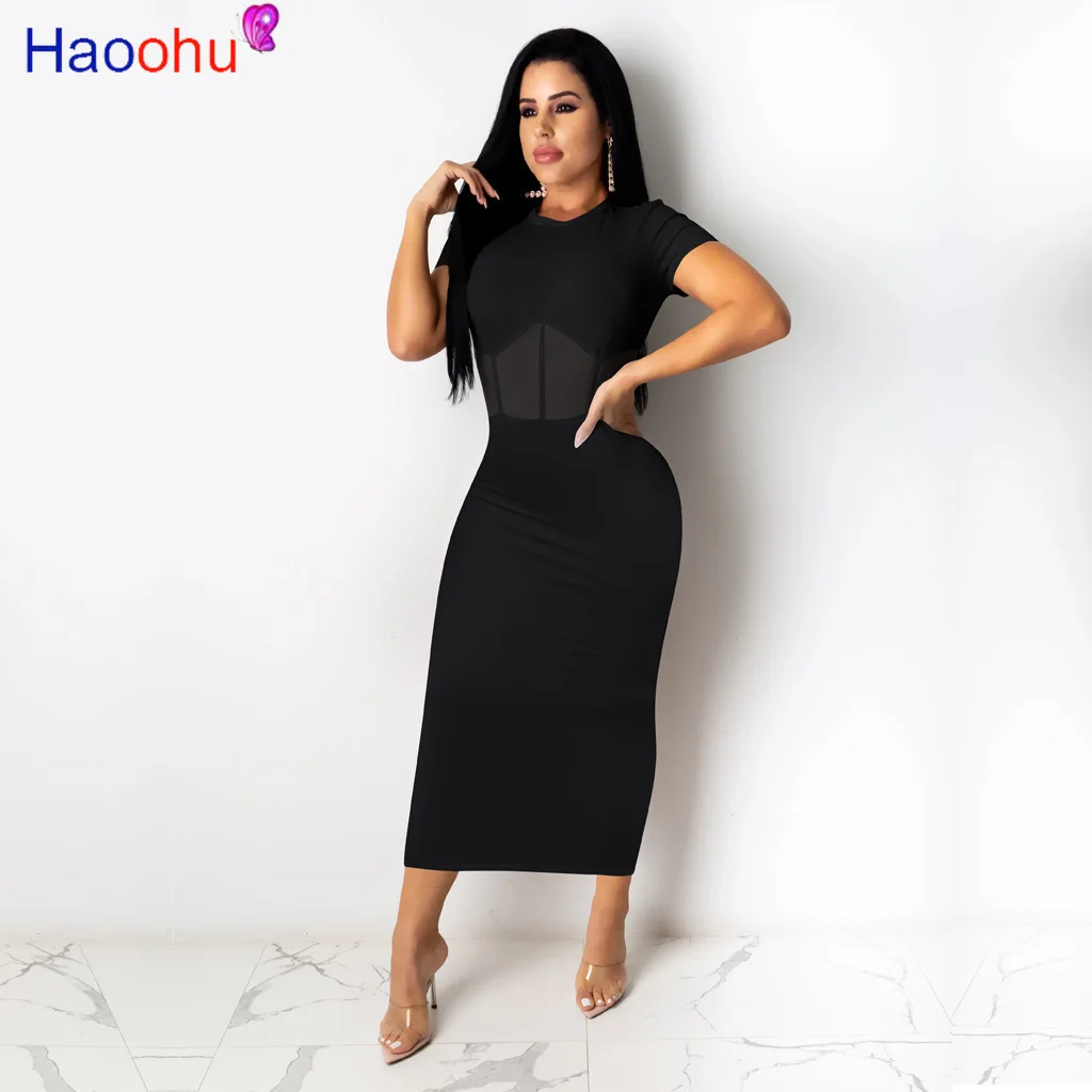 

HAOOHU New women sexy mesh patchwork short sleeve high waist bodycon midi maxi dress party beach slim long dresses vestidos