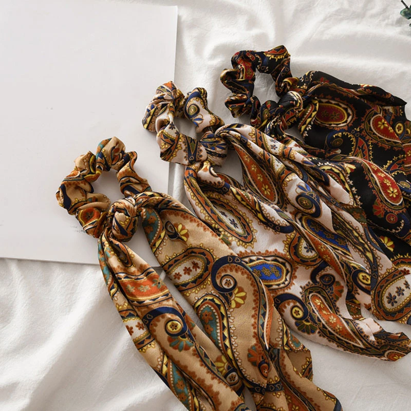 

Vintage Bohe Cashew Printed Scrunchies Women Knotted Satin Ribbon Hair Rope Ponytail Scarf Elastic Hair Bands Hair Accessories