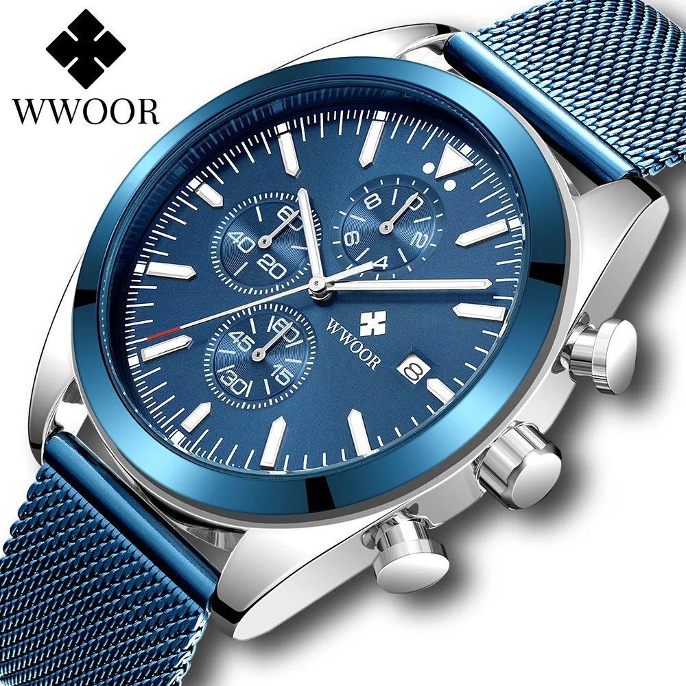 WWOOR 2021 New Fashion Mens Watches Top Brand Luxury Blue Chronograph Full Steel Waterproof Quartz Sports Watch Men Reloj Hombre