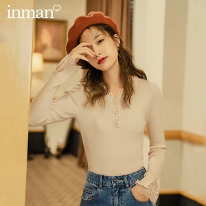 INMAN 2020 Осень Зима Новое поступление модный тонкий сексуальный кружевной прошитый декоративный свитер с v-образным вырезом и пряжкой