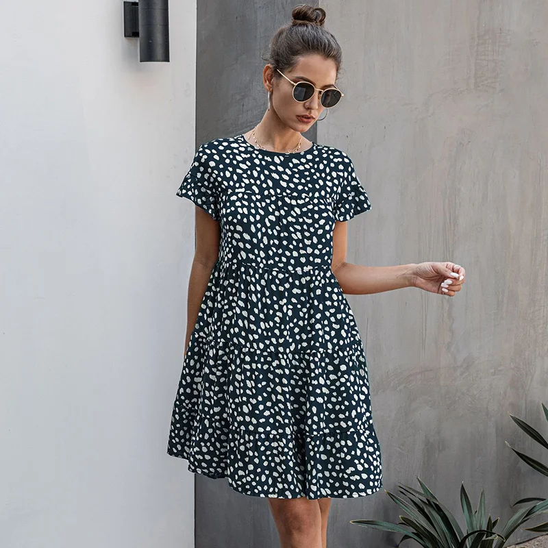 

Summer Ladies Casual Loose Floral Print Dress Women Fashion O Neck Short Sleeve Dress 2021 New